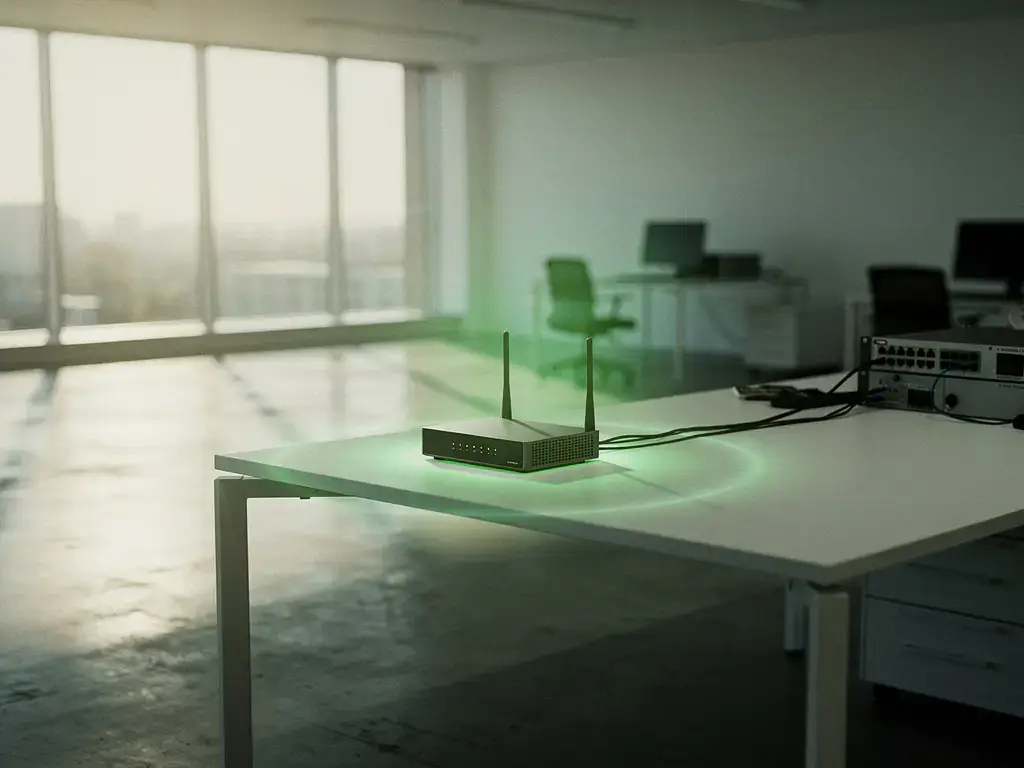 Moderne kantoorruimte met wifi-router op wit bureau, groene LED-indicatoren gloeiend, donkere zones tonen gebieden zonder signaal