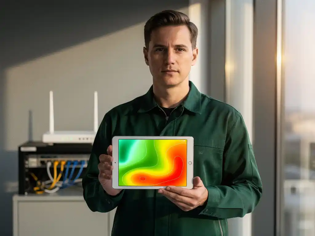 Technicus met tablet toont kleurrijke hittezones in modern kantoor met WiFi-router en netwerkkabels