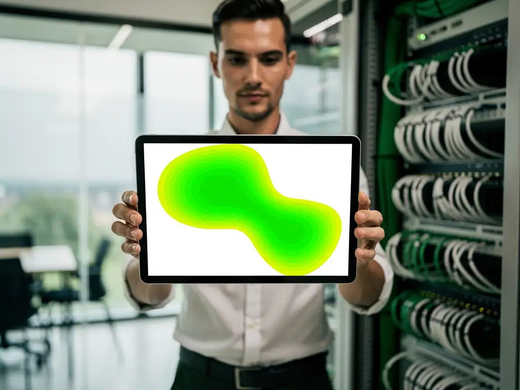 Netwerkingenieur toont tablet met WiFi-heatmap in groen en wit in modern kantoor met netwerkapparatuur