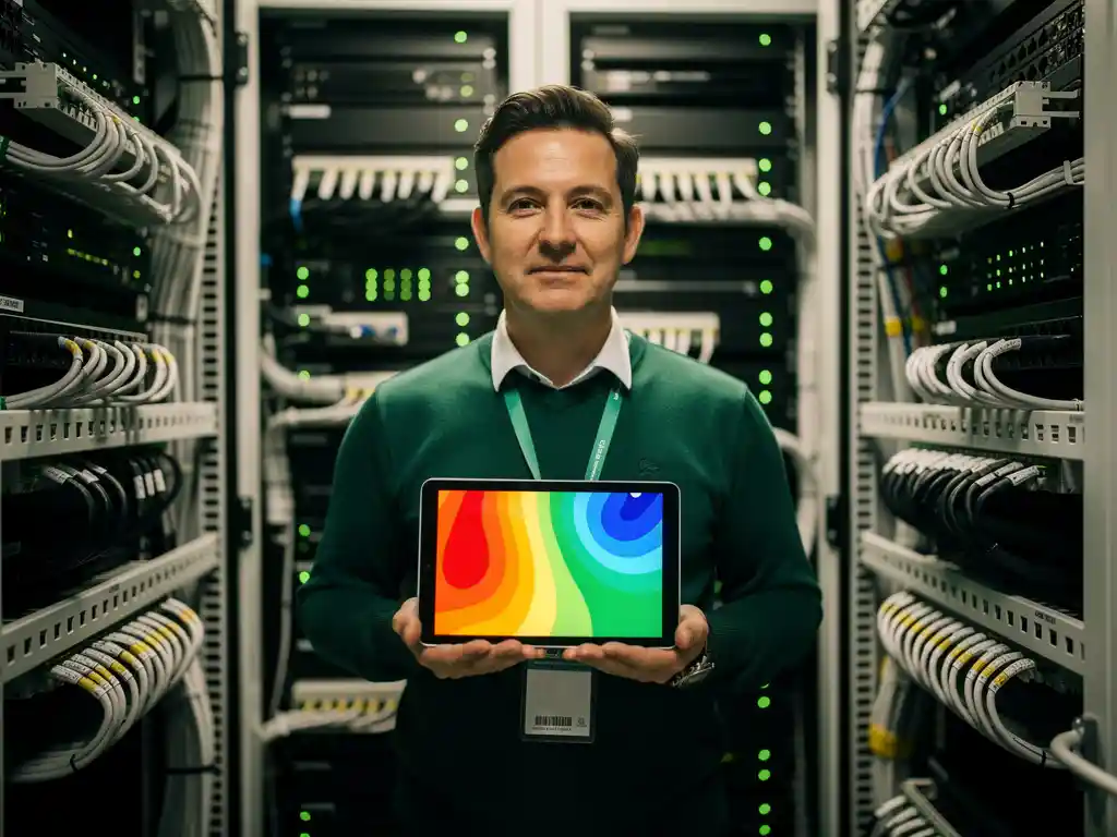 Netwerktechnicus houdt tablet met wifi heatmap vast in moderne serverruimte met groene LED-verlichting en georganiseerde kabels