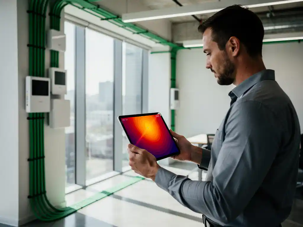 Technicus met tablet toont WiFi-heatmap in modern kantoor met zichtbare dode zones en netwerkapparatuur