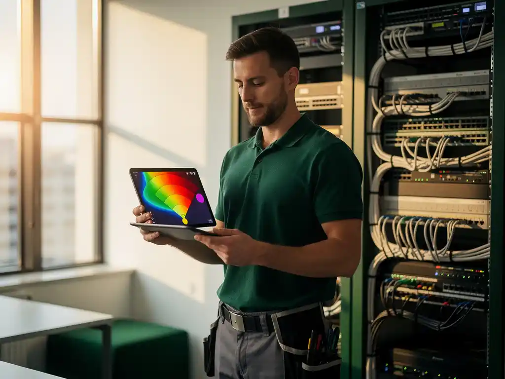 Technicus met tablet toont WiFi heatmap data in modern kantoor met netwerkapparatuur en kabelmanagement