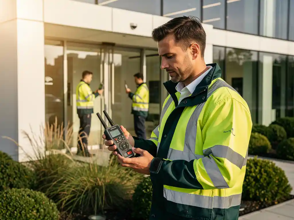 Technicus in veiligheidsvest meet WiFi-signaal met professioneel apparaat bij glazen kantoorgebouw, collega binnen zichtbaar