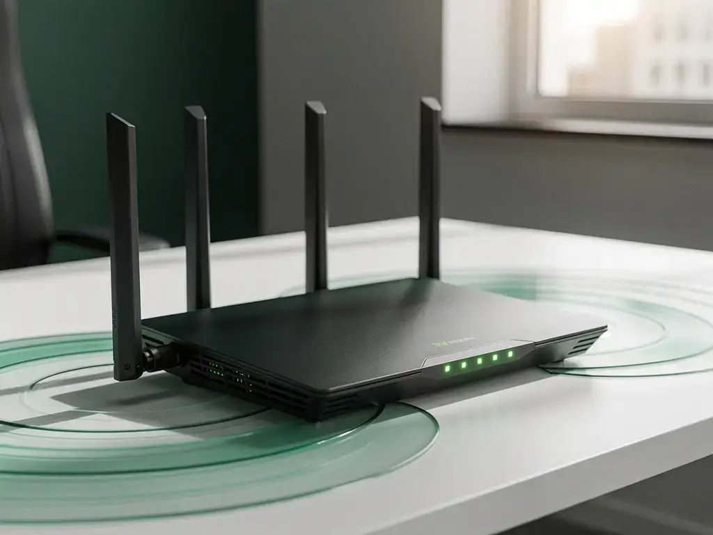 Professionele WiFi-router met groene LED-indicatoren op wit bureau, omgeven door warmtevisualisatie patronen in smaragdgroene tinten