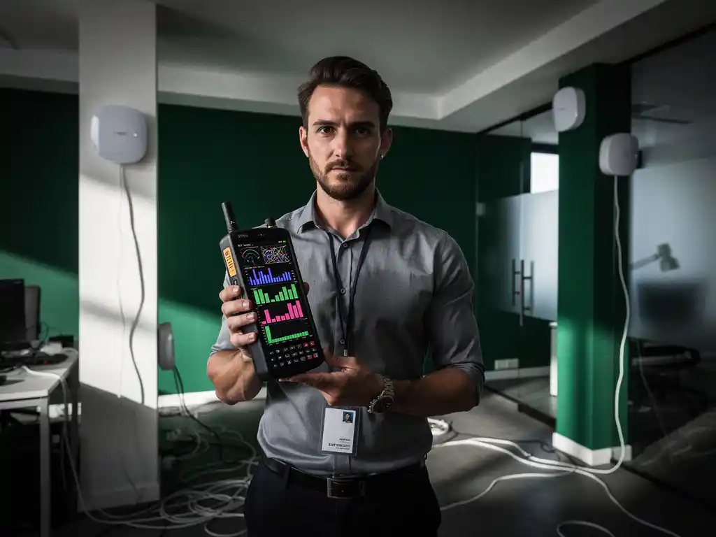 Netwerkengineer met draadloze signaalanalysator in modern kantoor met WiFi dodevlekken en verkeerd gemonteerde accesspoints