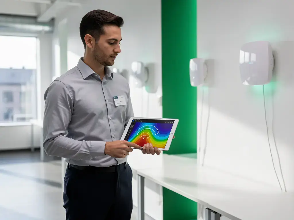 Netwerktechnicus houdt tablet met wifi signaalsterkte heatmaps in modern kantoor met zichtbare toegangspunten
