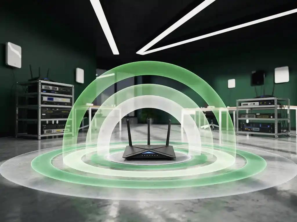 Moderne kantoorvloer met groene en witte draadloze signaalstralen die uitstralen vanaf een centrale router