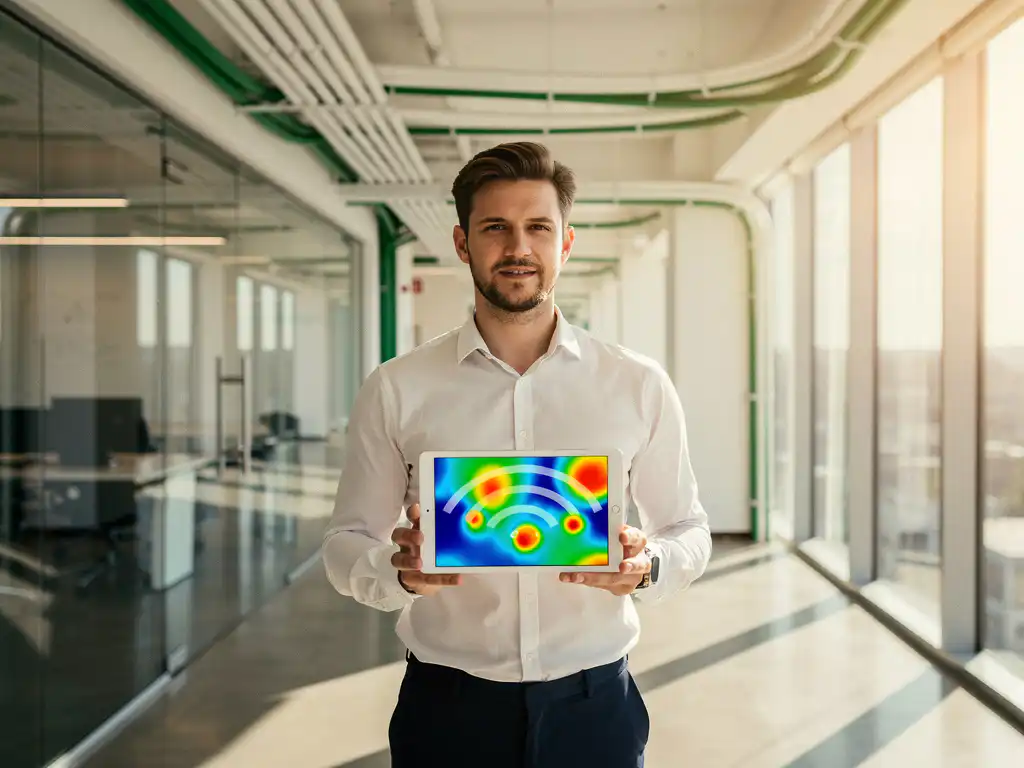 Netwerktechnicus met tablet toont wifi-signaalsterkte in modern kantoorgebouw met glaswanden en kabelinfrastructuur