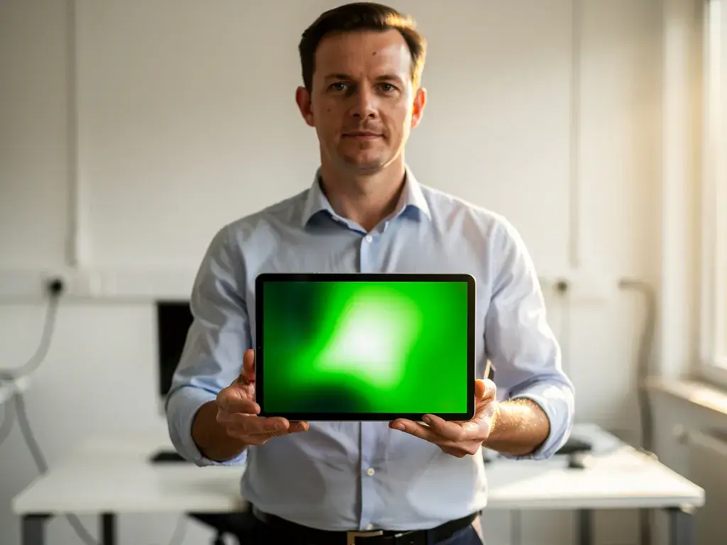 Technicus houdt tablet met groene wifi-signaalsterkte visualisatie in modern kantoor met witte muren