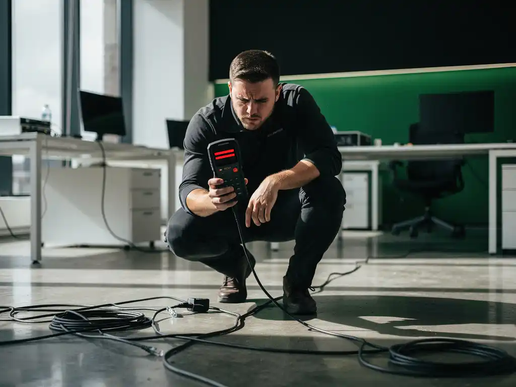 Technicus met WiFi-signaalsterkte meter toont zwakke rode balken in modern kantoor met ethernet kabels op betonnen vloer