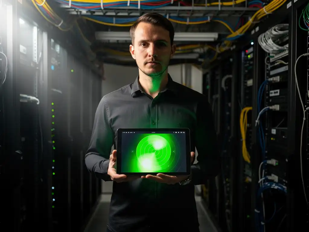 Netwerkingenieur houdt tablet met groene wifi-signaalsterkte heatmap in moderne serverruimte met zwarte apparatuur