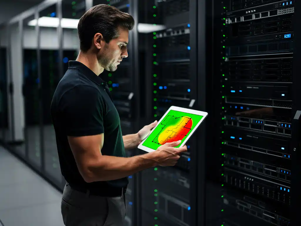 Netwerktechnicus toont tablet met wifi-signaalsterkte heatmap in moderne serverruimte met groene LED-indicatoren