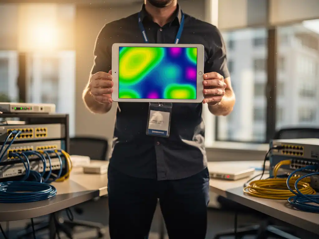 Technicus houdt tablet met wifi signaalsterkte heatmaps in modern kantoor met netwerkapparatuur op bureaus
