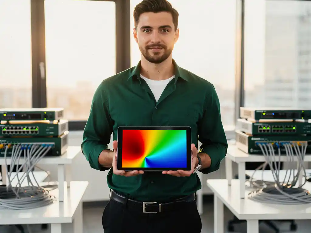 Technicus houdt tablet met wifi signaalsterkte heatmaps in modern kantoor met netwerkapparatuur en ethernetkabels