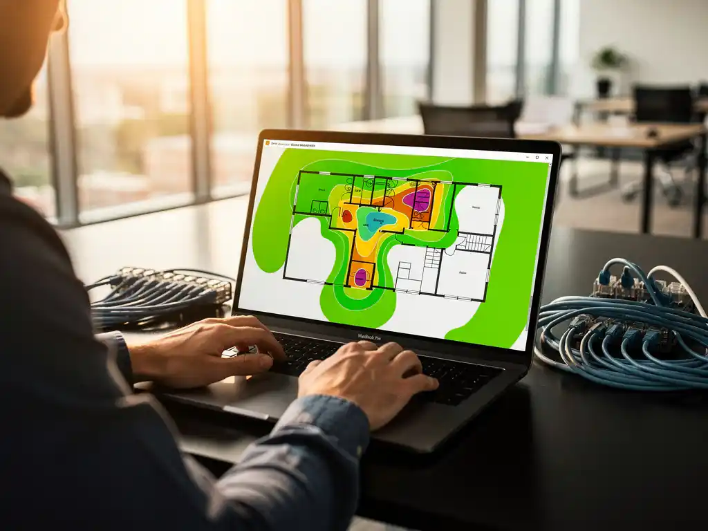 Laptop toont kleurrijke WiFi-signaalsterkte zones op moderne kantoorplattegrond, netwerkengineer typt op toetsenbord