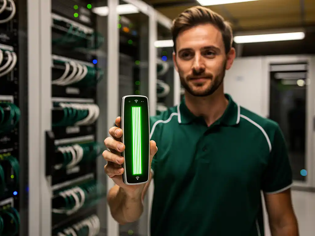 Technicus houdt wifi signaalsterktemeter met groene balken in moderne serverruimte met netwerkapparatuur