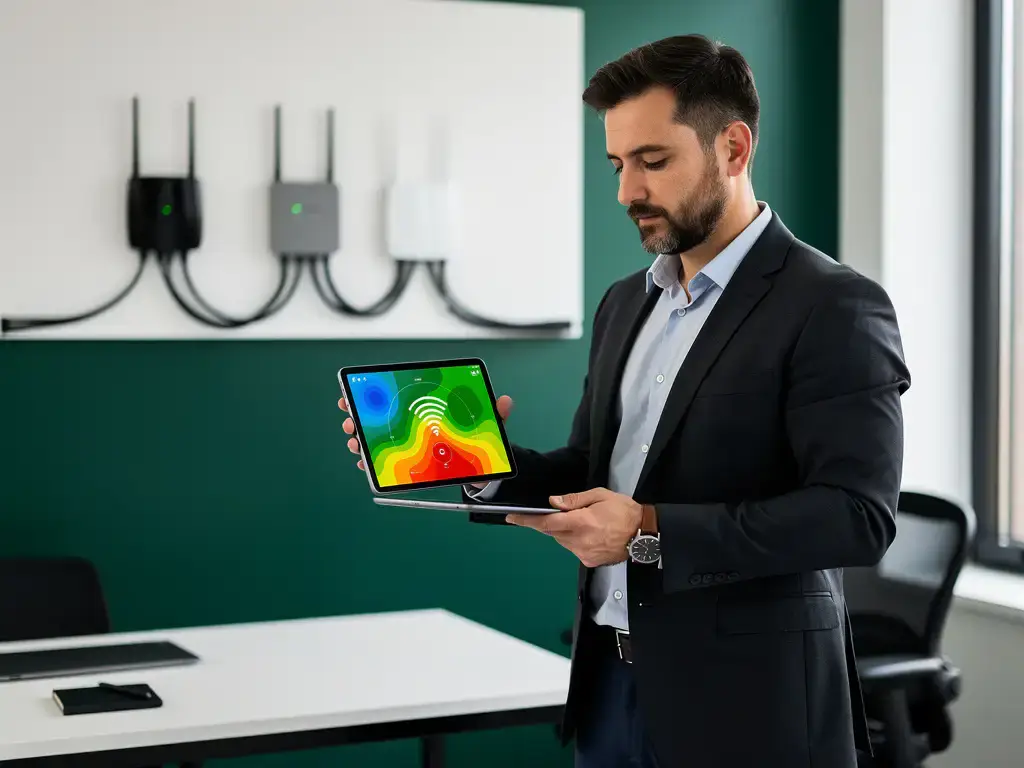 Netwerkingenieur houdt tablet met wifi signaalsterkte heatmap in groen en rood in modern kantoor met routers