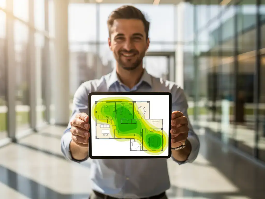 Netwerkengineer houdt tablet met wifi-signaalsterkte heatmap van kantoorplattegrond in moderne bedrijfslobby