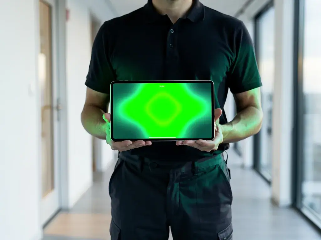 Technicus houdt tablet met groene wifi-signaalsterkte visualisatie in moderne kantoorgang met natuurlijk licht