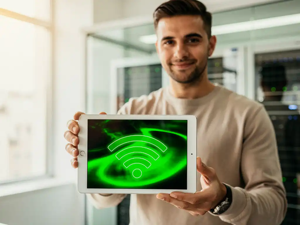 Technicus houdt tablet met groene wifi-signaalsterkte visualisatie in moderne kantooromgeving met serverracks
