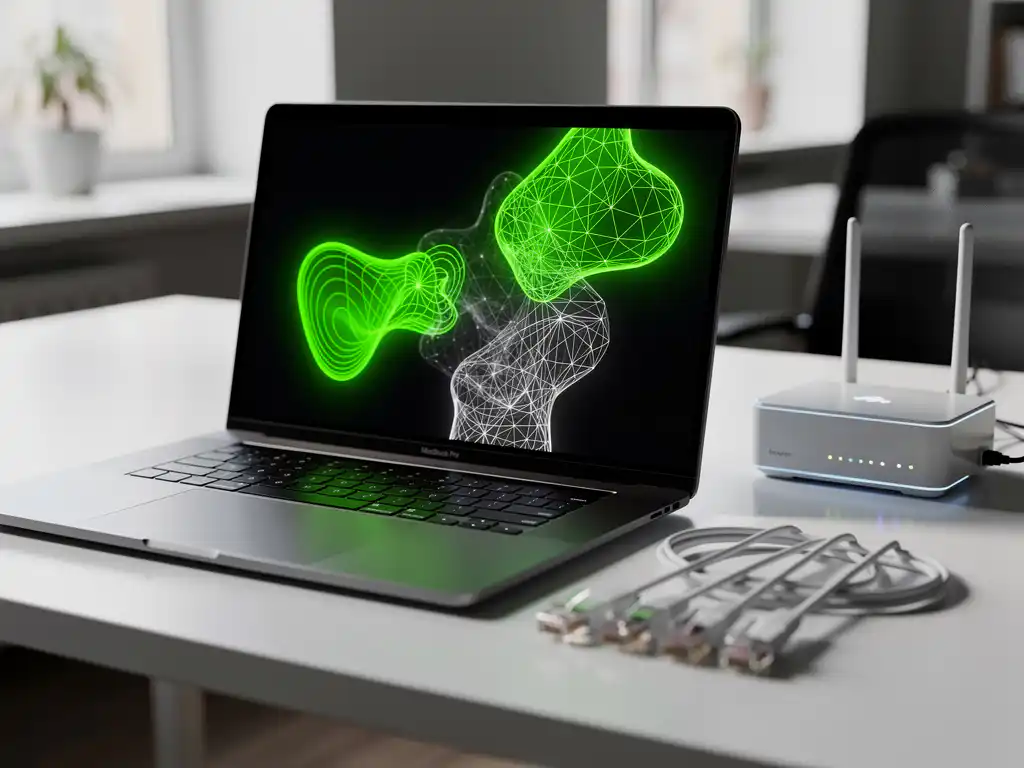 Laptop toont kleurrijke wifi-signaalsterkte visualisatie met groene zones op wit bureau naast ethernetkabels en router